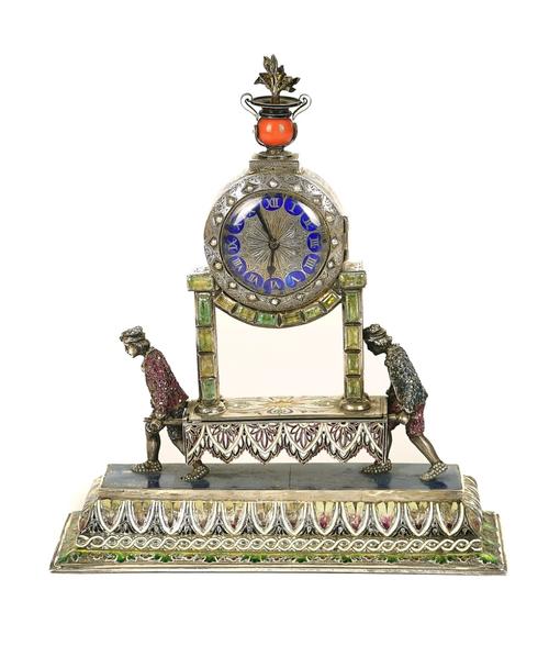 A VIENNESE SILVER, POLYCHROME ENAMEL AND GEM-SET MANTEL TIMEPIECE