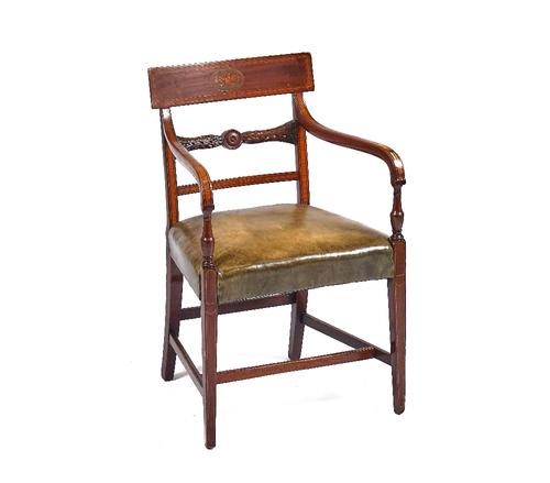 A REGENCY MAHOGANY INLAID AND CROSS-BANDED ARMCHAIR