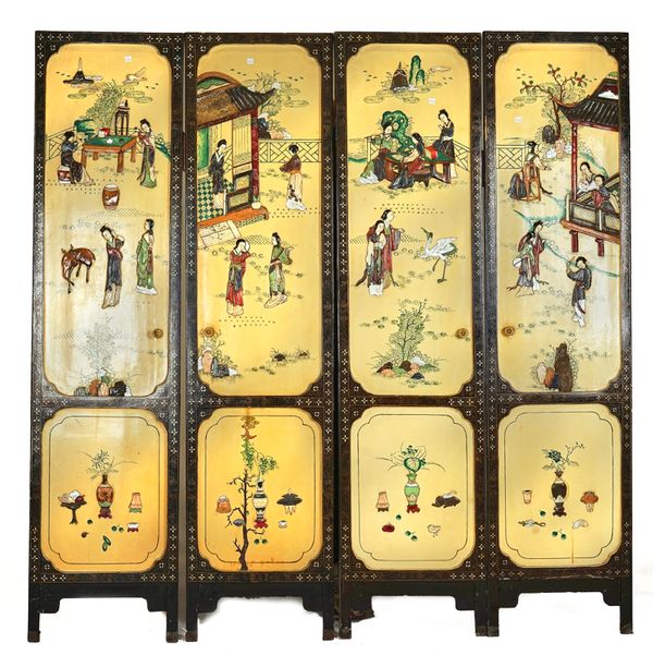 A 20TH CENTURY CHINESE CREAM AND POLYCHROME PAINTED, MOTHER-OF-PEARL, STONE AND BONE MOUNTED FOUR FOLD SCREEN