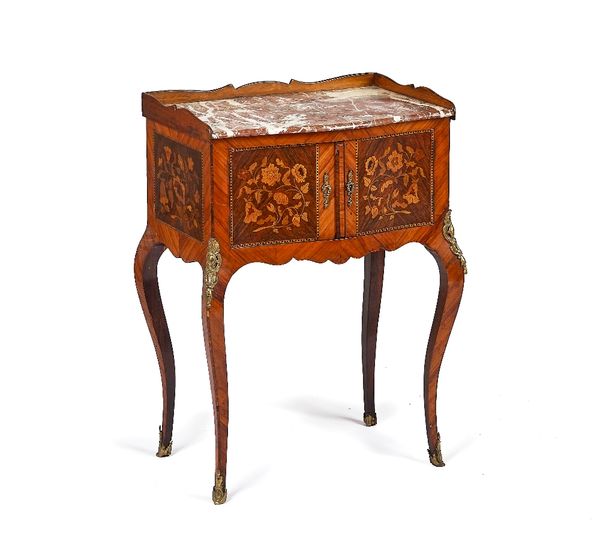 A LOUIS XV STYLE MARBLE-TOP BEDSIDE TABLE
