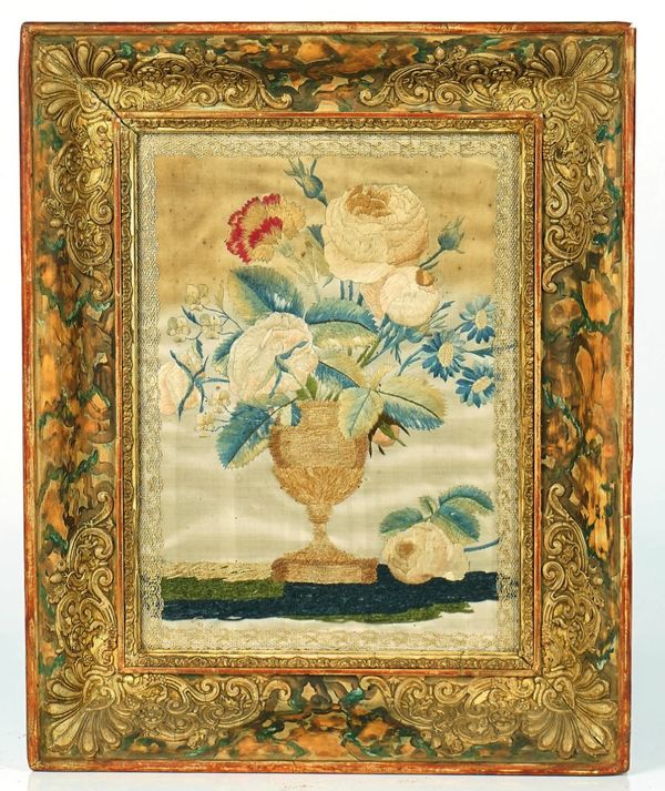 A SILK EMBROIDERED PANEL DEPICTING A FLOWER-FILLED VASE