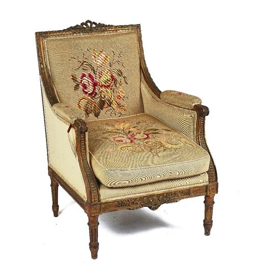 A LOUIS XVI STYLE SQUARE BACK GILT-FRAMED ARMCHAIR