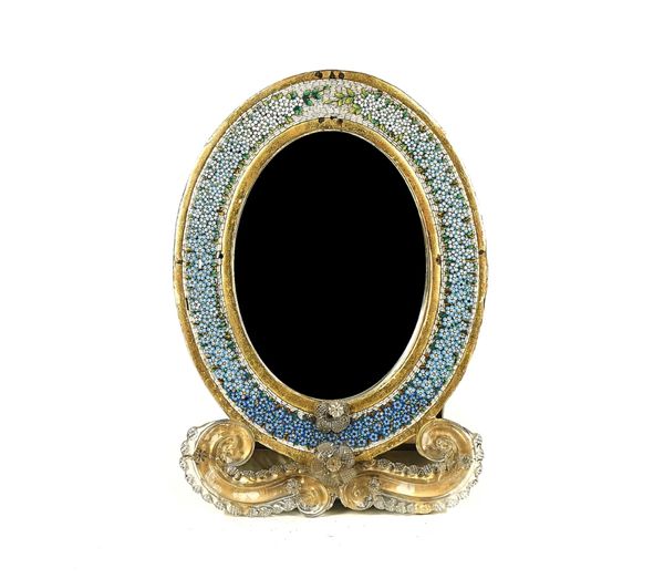 A VENETIAN GLASS MIRCO MOSAIC AND GILTWOOD MOUNTED OVAL MIRROR