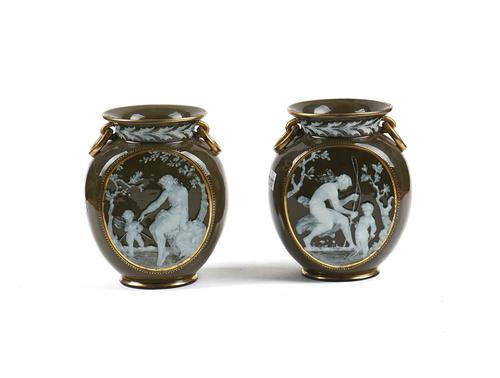 A PAIR OF GEORGE JONES PATE- SUR- PATE VASES