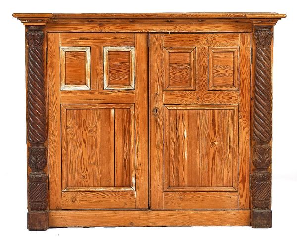 A 19TH-CENTURY PINE TRIPLE PANEL TWO-DOOR SIDE CABINET