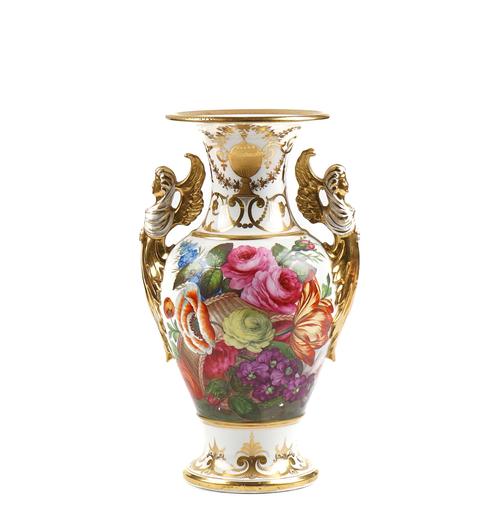 AN ENGLISH PORCELAIN TWO-HANDLED OVOID VASE