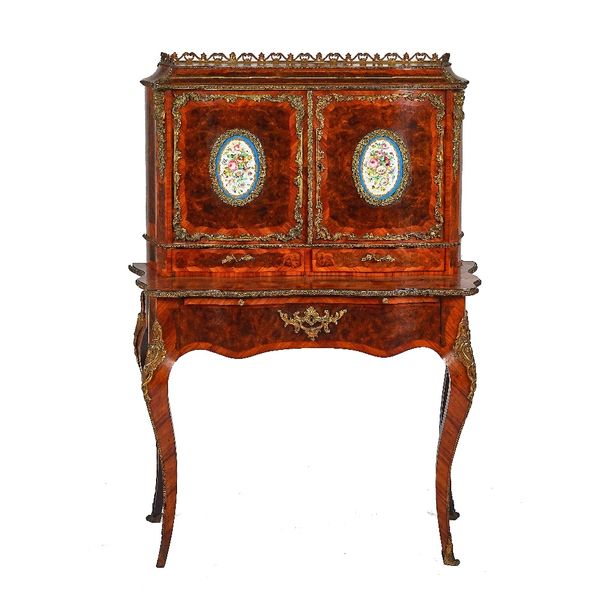 A LOUIS XV STYLE GILT-METAL MOUNTED AND SEVRES STYLE BURR WALNUT AND KINGWOOD BONHEUR-DU-JOUR