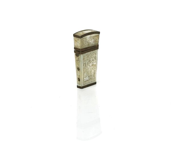 A MOTHER OF PEARL AND METAL MOUNTED ETUI/LANCET CASE