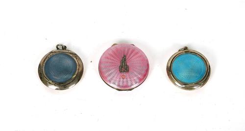 THREE SILVER AND ENAMEL LADIES POWDER COMPACTS (3)