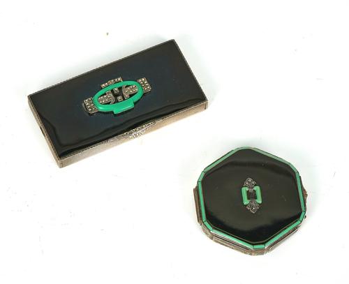 A SILVER AND BLACK ENAMEL LADIES POWDER COMPACT AND ANOTHER (2)