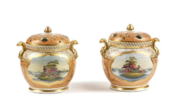 A PAIR OF ENGLISH PORCELAIN TWO-HANDLED POT POURRI VASES AND COVERS (4)