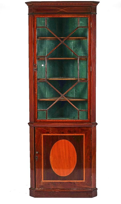 AN EDWARDIAN INLAID MAHOGANY CORNER DISPLAY CABINET/CUPBOARD