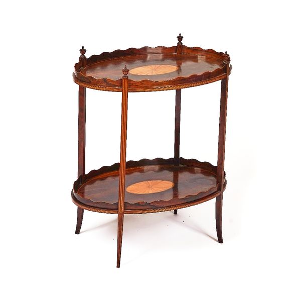 AN EDWARDIAN FAN-INLAID ROSEWOOD OVAL TWO-TIER OCCASIONAL TABLE