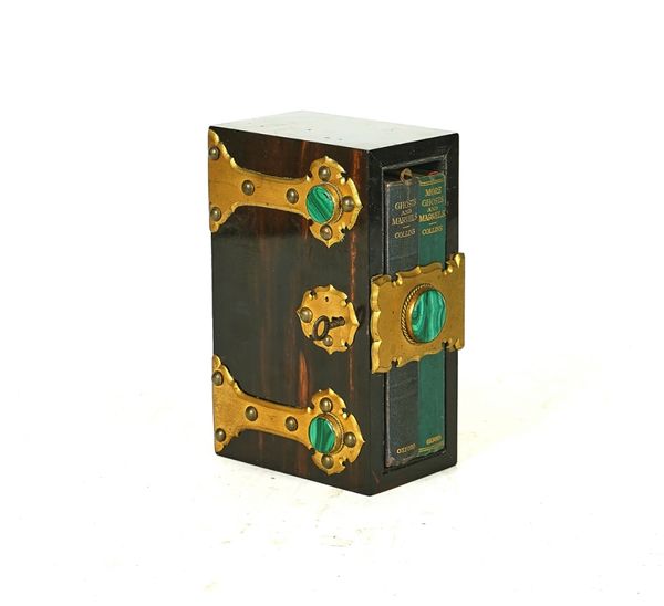 A VICTORIAN ROSEWOOD, BRASS AND MALACHITE BOOK-KEEPER