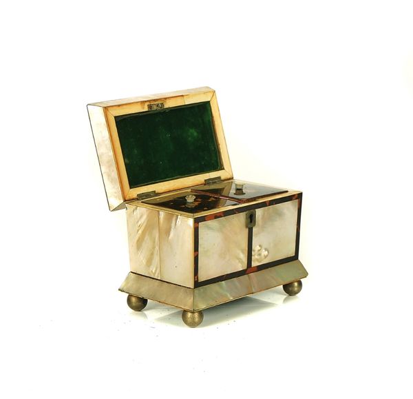 A REGENCY MOTHER-OF-PEARL AND TORTOISESHELL CROSSBANDED TEA-CADDY