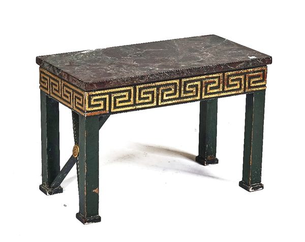 A SMALL RECTANGULAR MARBLE TOPPED TABLE