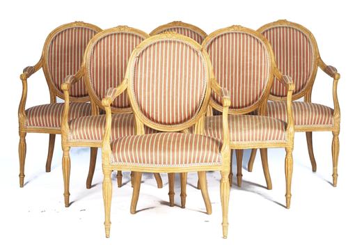 A SET OF SIX 18TH CENTURY LATER BLEACHED BEECH FRAMED OPEN ARMCHAIRS (6)