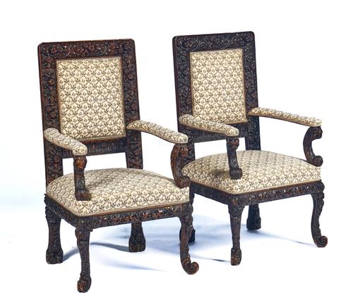 A PAIR OF 19TH CENTURY CONTINENTAL SQUARE BACK OPEN ARMCHAIRS (2)