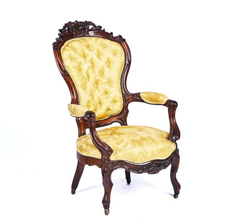 A 19TH CENTURY FRENCH ROSEWOOD FRAMED OPEN ARMCHAIR