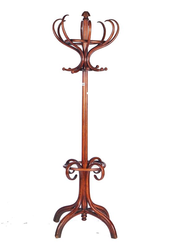 A 20TH CENTURY STAINED BEECH BENTWOOD COAT, HAT AND UMBRELLA STAND