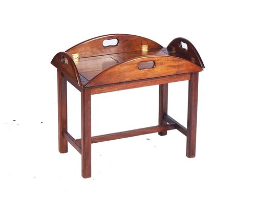 A GEORGE III STYLE MAHOGANY DROP FLAP BUTLER’S TRAY ON STAND (2)