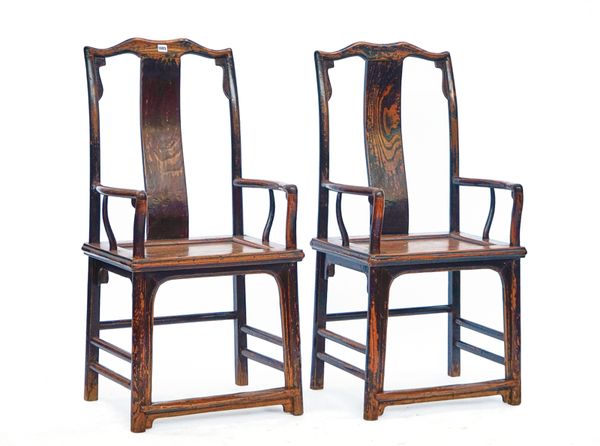 A PAIR OF 19TH CENTURY CHINESE YUMU YOKE BACK OPEN ARMCHAIRS (2)