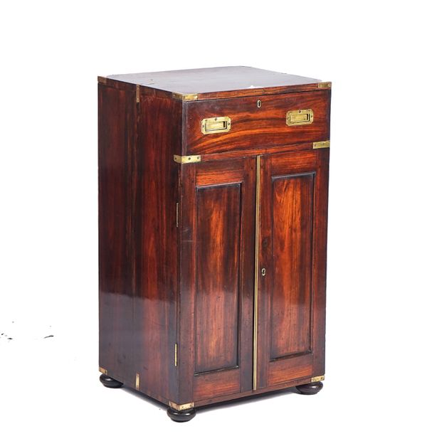 A LATE 19TH CENTURY CAMPAIGN BRASS BOUND TEAK WASHSTAND