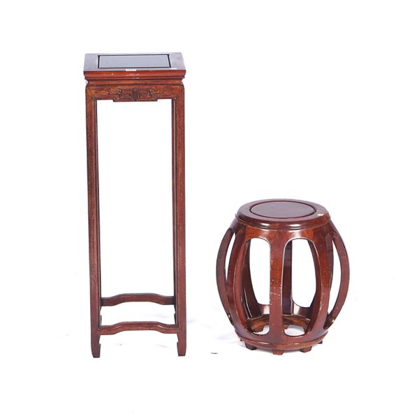 A 20TH CENTURY CHINESE HARDWOOD SQUARE JARDINIERE STAND (2)