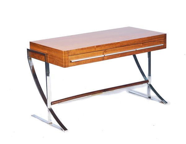 IN THE STYLE OF RENE HERBST; A 20TH CENTURY WALNUT AND CHROME MOUNTED BUREAU OR DESK