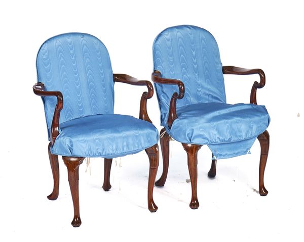 A PAIR OF GEORGE II STYLE HARDWOOD FRAMED OPEN ARMCHAIRS (2)