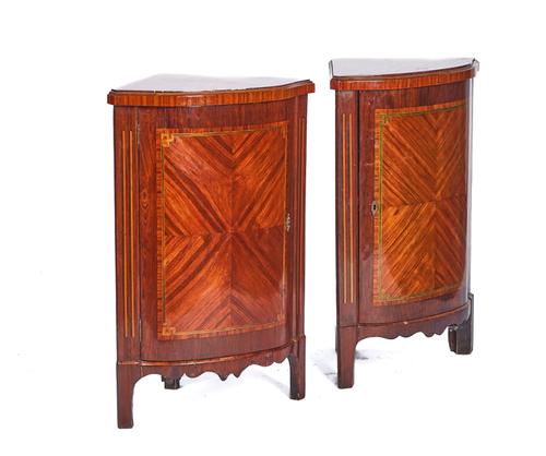 A PAIR OF FRENCH LATE 19TH / EARLY 20TH CENTURY DIRECTOIRE STYLE KINGWOOD AND TULIPWOOD CORNER CABINETS OR ENCOIGNURES  (2)