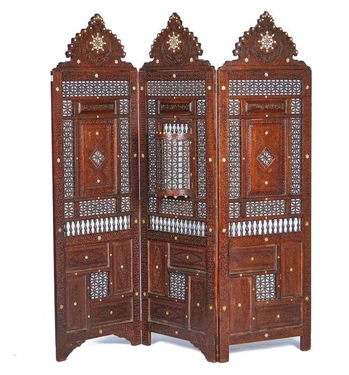 A 19TH CENTURY NORTH AFRICAN MOTHER-OF-PEARL INLAID HARDWOOD THREE FOLD DRAUGHT SCREEN