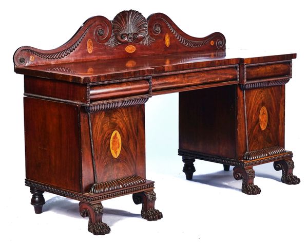 AN INLAID REGENCY MAHOGANY PEDESTAL SIDEBOARD