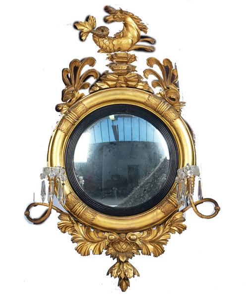 A REGENCY GILT FRAMED CONVEX GIRANDOLE MIRROR