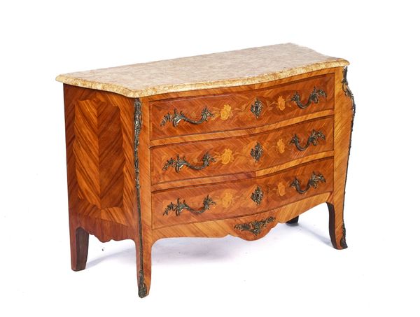 A LOUIS XVI STYLE TULIPWOOD AND MARQUETRY SERPENTINE SHAPED COMMODE