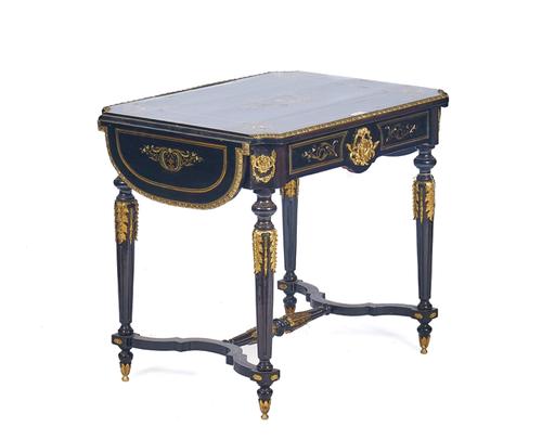 A 19TH CENTURY FRENCH BRASS INLAID GILTMETAL-MOUNTED EBONISED DROP FLAP CENTRE TABLE