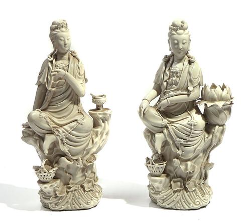 TWO CHINESE BLANC DE CHINE FIGURES OF GUANYIN