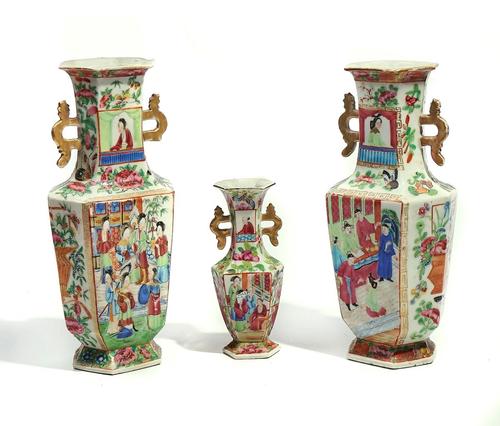 THREE CANTON FAMILLE- ROSE HEXAGONAL TWO-HANDLED VASES