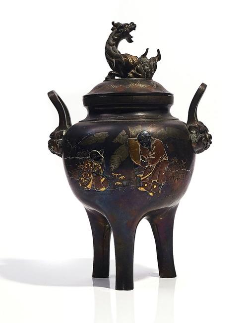 A JAPANESE BRONZE AND MIXED METAL TWO-HANDLED KORO
