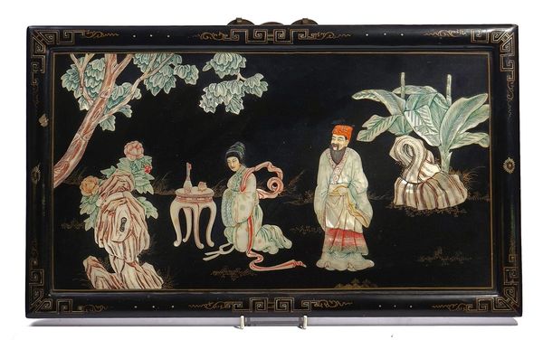 A CHINESE INLAID BLACK LACQUER RECTANGULAR PANEL