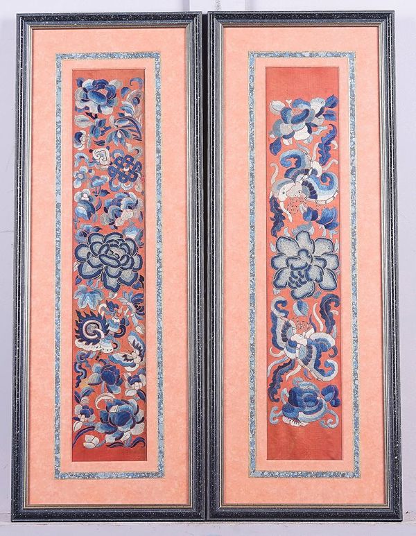 A PAIR OF CHINESE EMBROIDERED RECTANGULAR SLEEVE PANELS