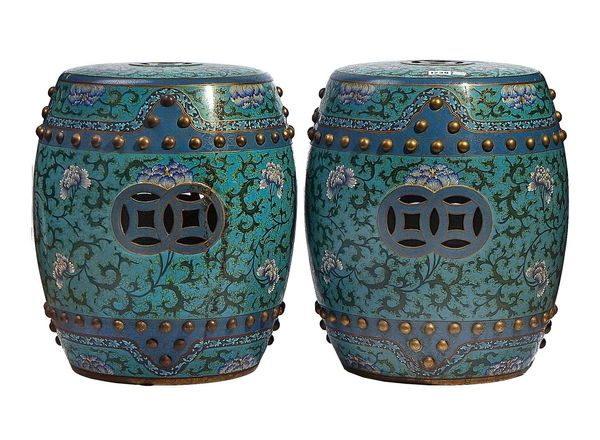 A GOOD PAIR OF CHINESE CLOISONNÉ BARREL SHAPED GARDEN SEATS