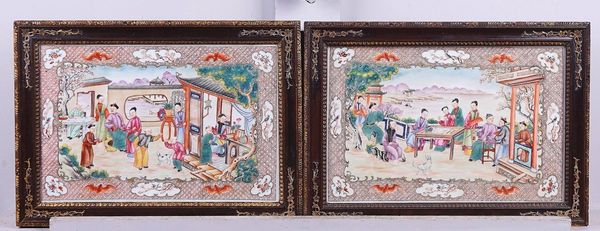 A PAIR OF CHINESE `MANDARIN' PALETTE RECTANGULAR PORCELAIN PANELS