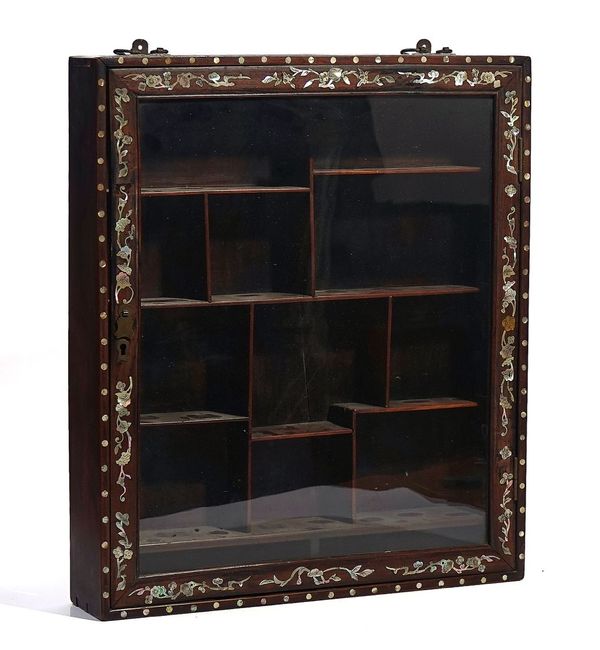 A CHINESE HONGMU AND MOTHER-OF PEARL INLAID HANGING WALL DISPLAY CABINET