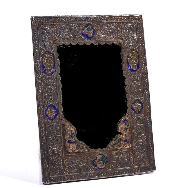 A PERSIAN ENAMELLED SILVER RECTANGULAR MIRROR