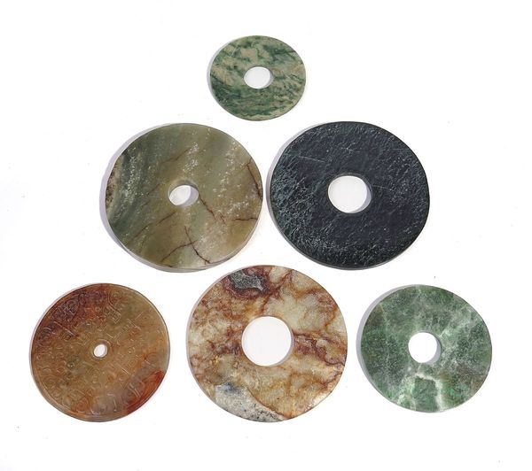 SIX CHINESE ARCHAISTIC JADE BI DISCS