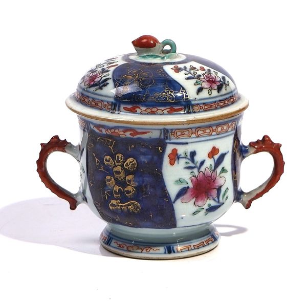 A CHINESE FAMILLE-ROSE TWO-HANDLED CUP AND COVER