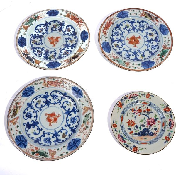 THREE CHINESE UNDERGLAZE-BLUE AND ENAMELLED PLATES