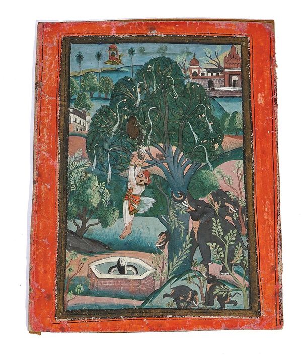 A MAN RESCUING A RABBIT FROM A TREE, RAGASTHAN, INDIA, 19TH CENTURY