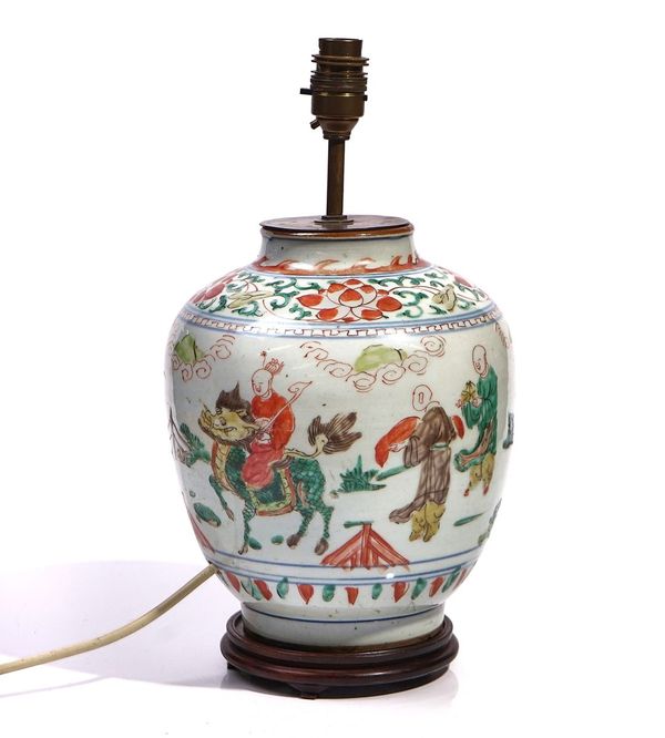 A CHINESE WUCAI OVOID VASE ADAPTED AS A LAMP